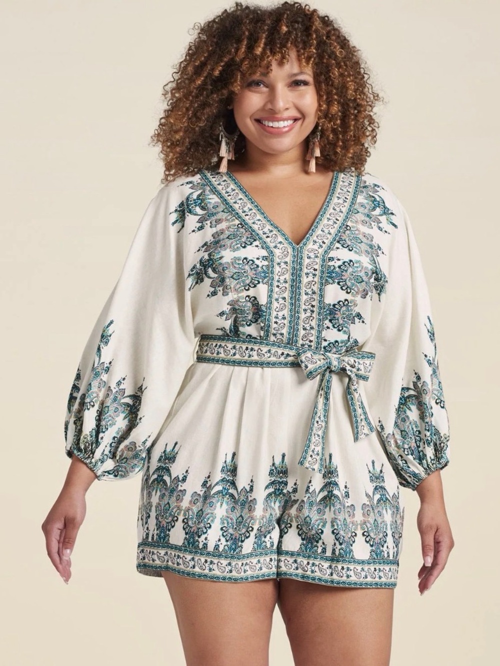 VENUS Cream Romper with Teal Floral Print